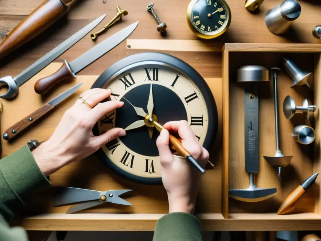 Un artesano ensambla con esmero un reloj de madera vintage