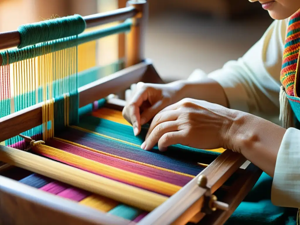 Un artesano tejiendo con esmero en un telar de madera tradicional, con hilos coloridos, bañado por la cálida luz del sol