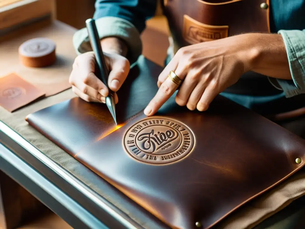 Un artesano estampa a mano un logo en productos de cuero