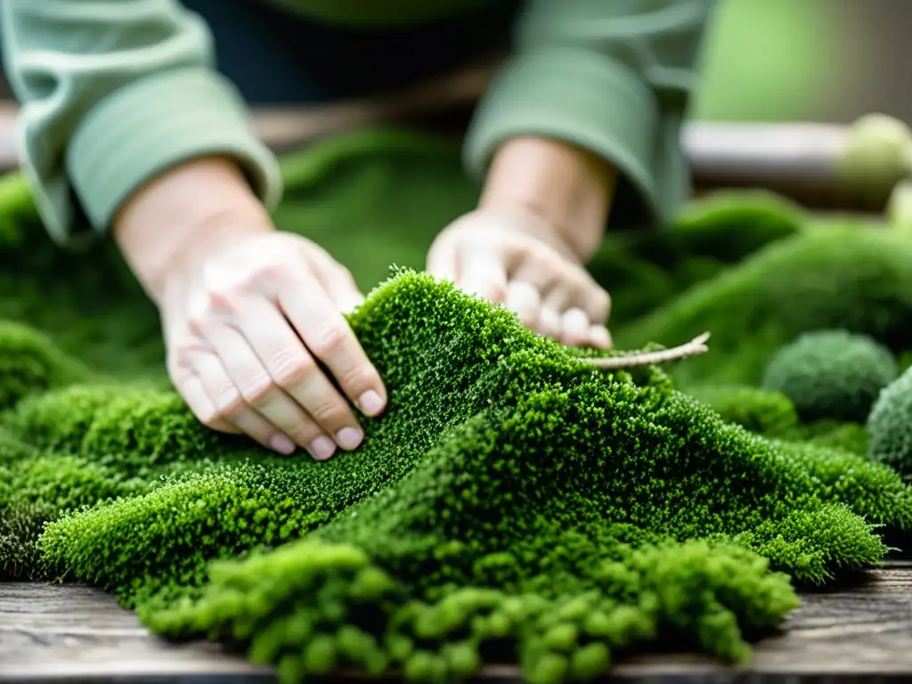 Un artesano experimentado teje con cuidado musgo verde en una delicada y compleja artesanía digital con materiales vivos