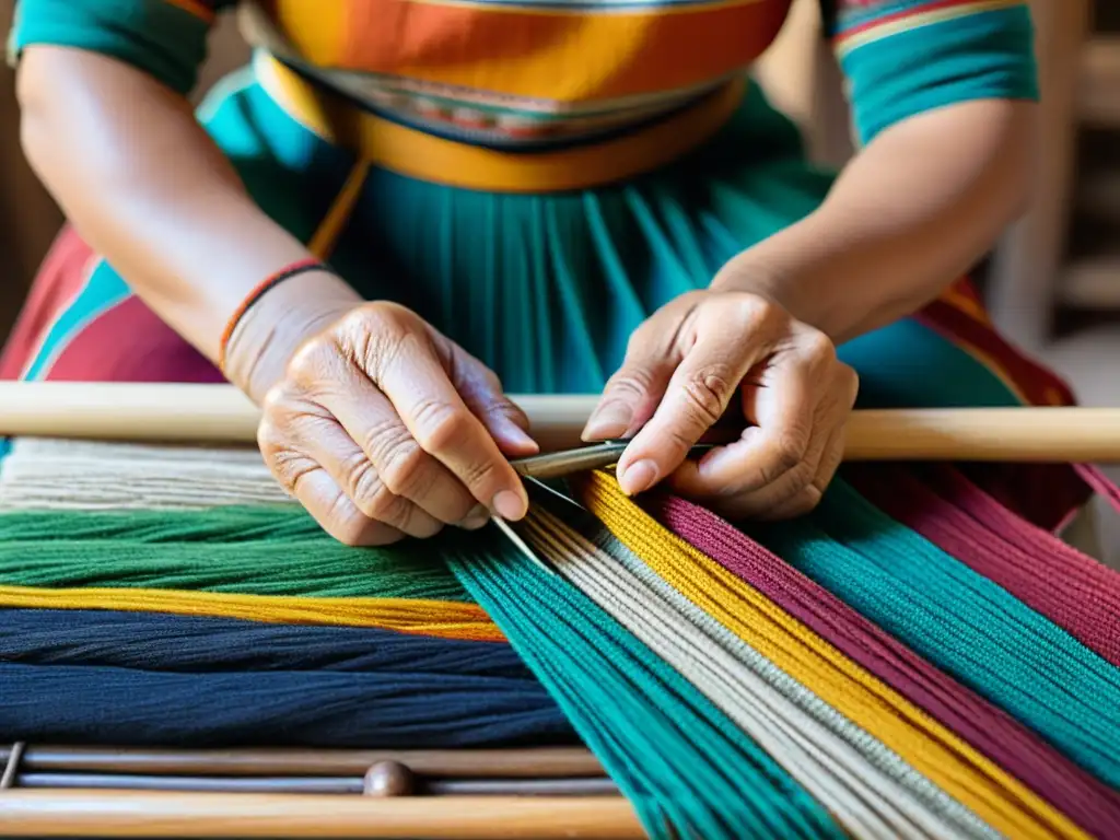 Un artesano experimentado teje con destreza hilos de colores en un patrón tradicional