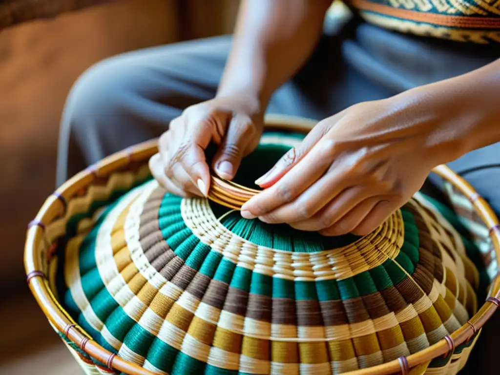 Artesano tejiendo cestas tradicionales con maestría Un artesano experimentado teje fibras naturales en un patrón de cestería ancestral, evocando la renovación de diseños ancestrales en cestería