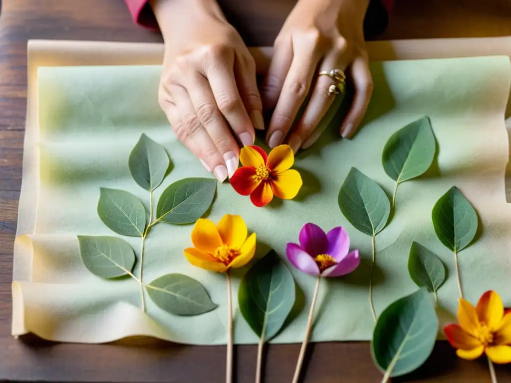 Un artesano experimentado preservando la flora en papel artesanal con cuidado y destreza