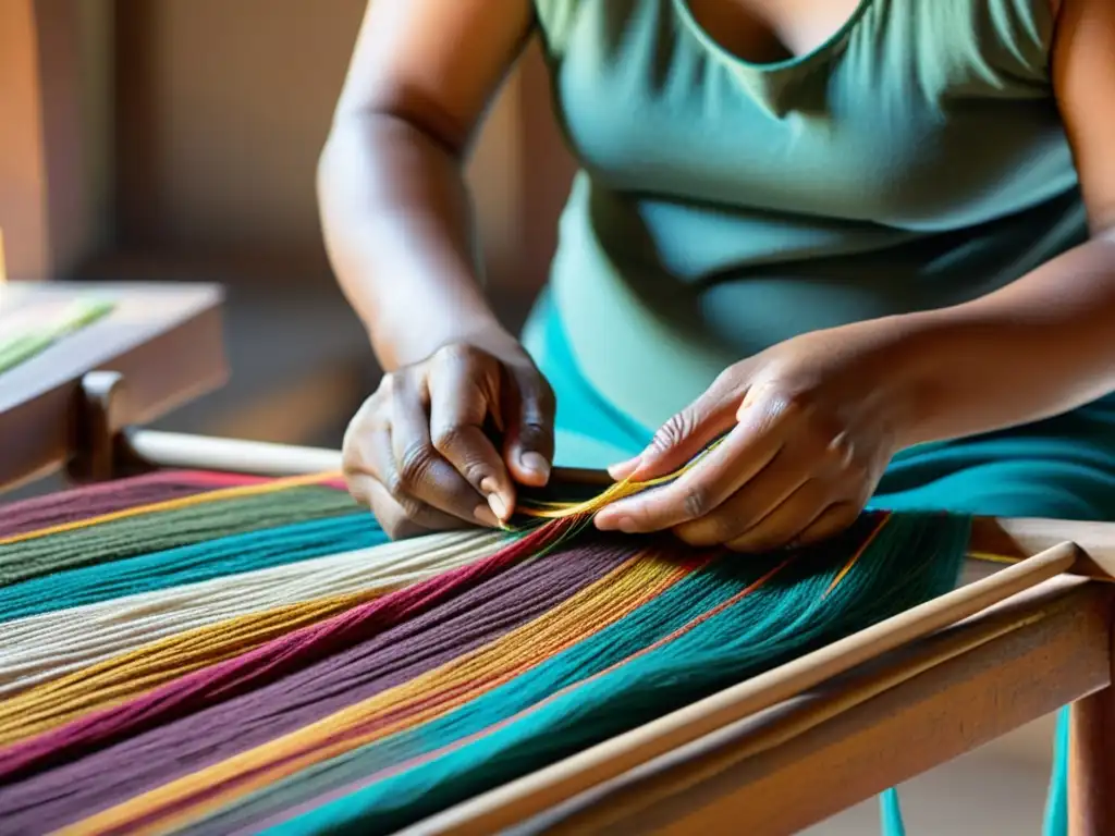 Un artesano experimentado teje con habilidad hilos de colores en un patrón textil tradicional