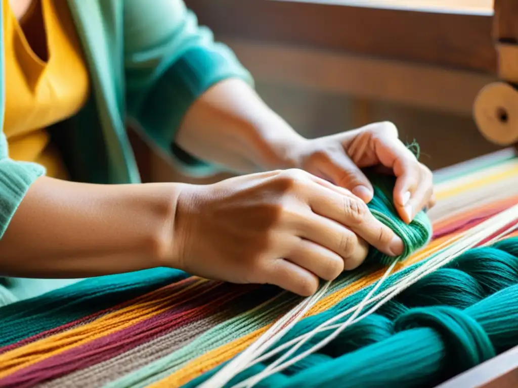 Un artesano experimentado teje con habilidad hilos coloridos en una hermosa tela tradicional