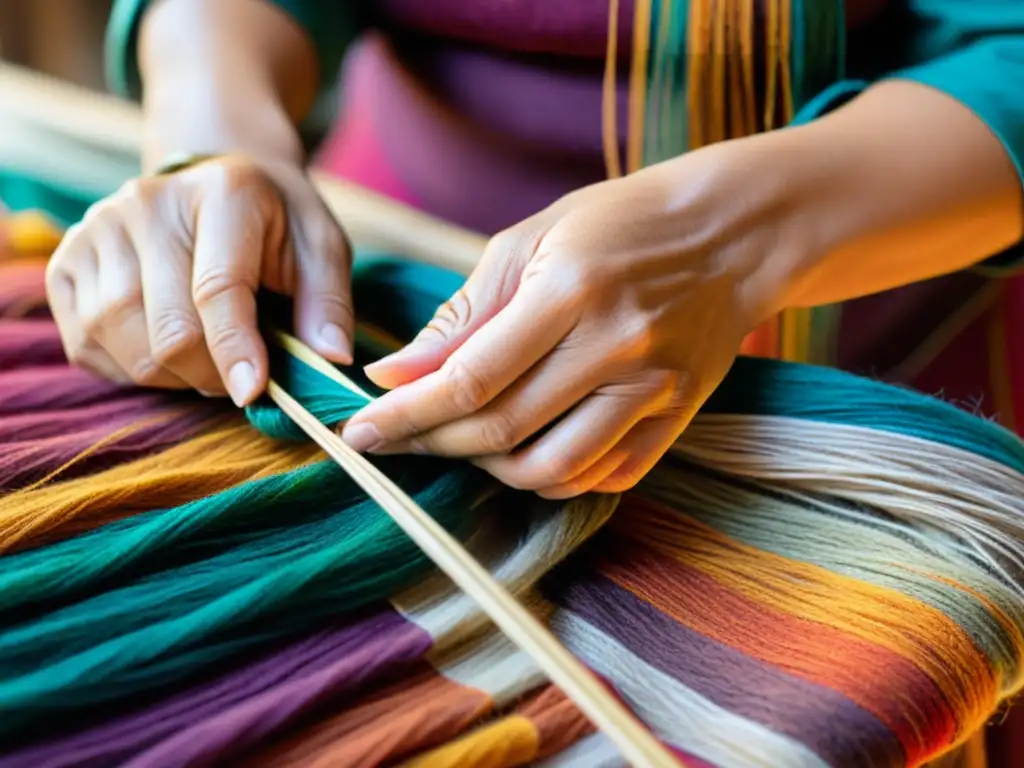 Un artesano experimentado teje cuidadosamente hilos de colores vibrantes en un patrón textil tradicional