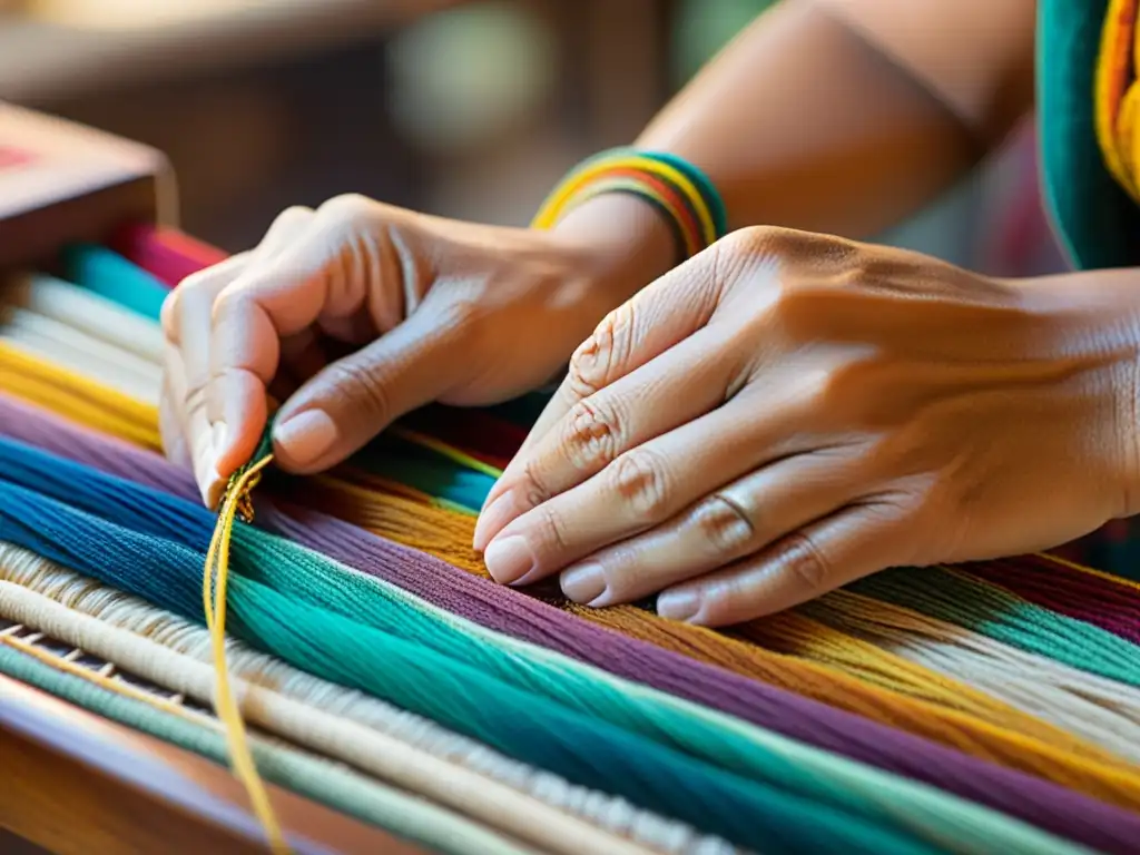 Un artesano experimentado teje delicadamente hilos coloridos en una hermosa tapicería, evocando una identidad visual artesanal tradicional