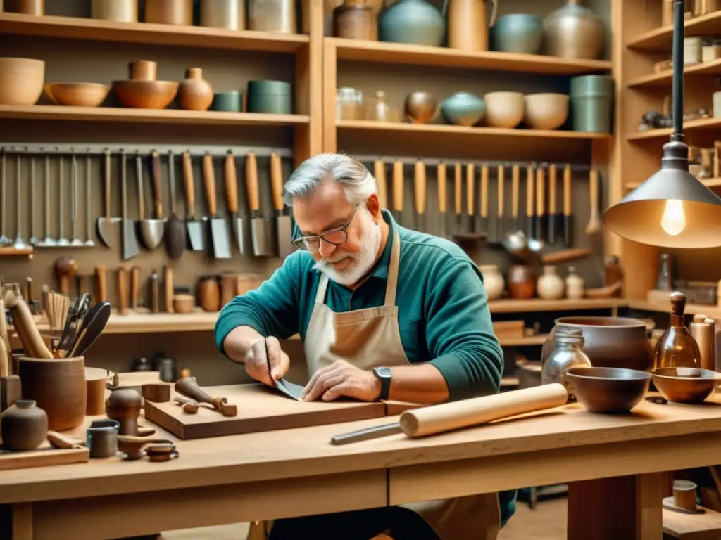 Un artesano experimentado crea una obra de arte, rodeado de herramientas tradicionales