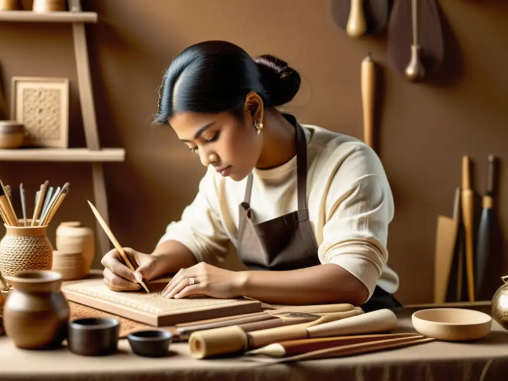 Un artesano experto fusiona lo antiguo y lo moderno en su taller, creando diseños digitales con herramientas tradicionales