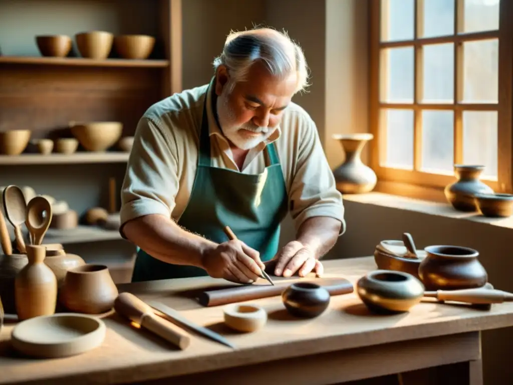 Artesano experto creando artesanía a mano en un ambiente cálido y nostálgico