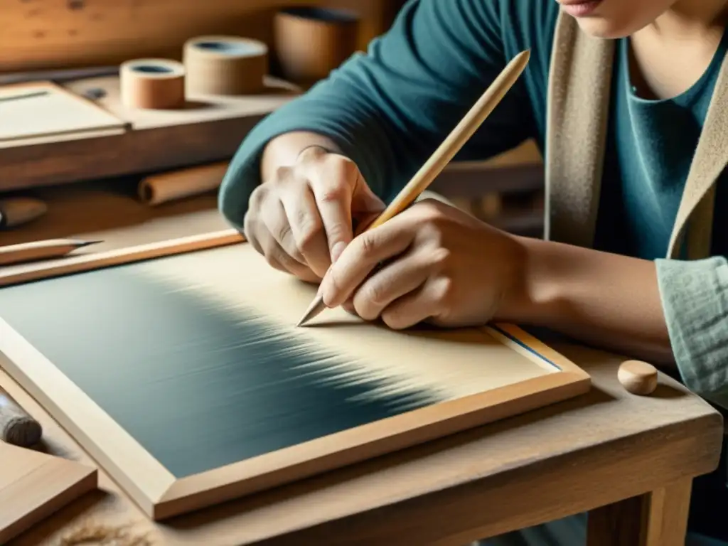 Arte digital artesanal: tradición y tecnología fusionadas Un artesano experto fusiona la artesanía tradicional con la era digital, destacando la intensa concentración y los detalles intrincados de su obra