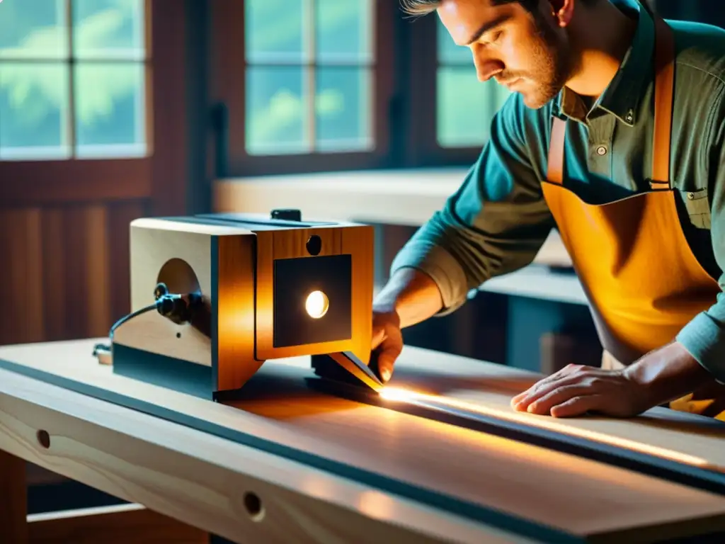 Un artesano experto fusiona la artesanía tradicional con el corte láser, iluminado por la cálida luz del sol