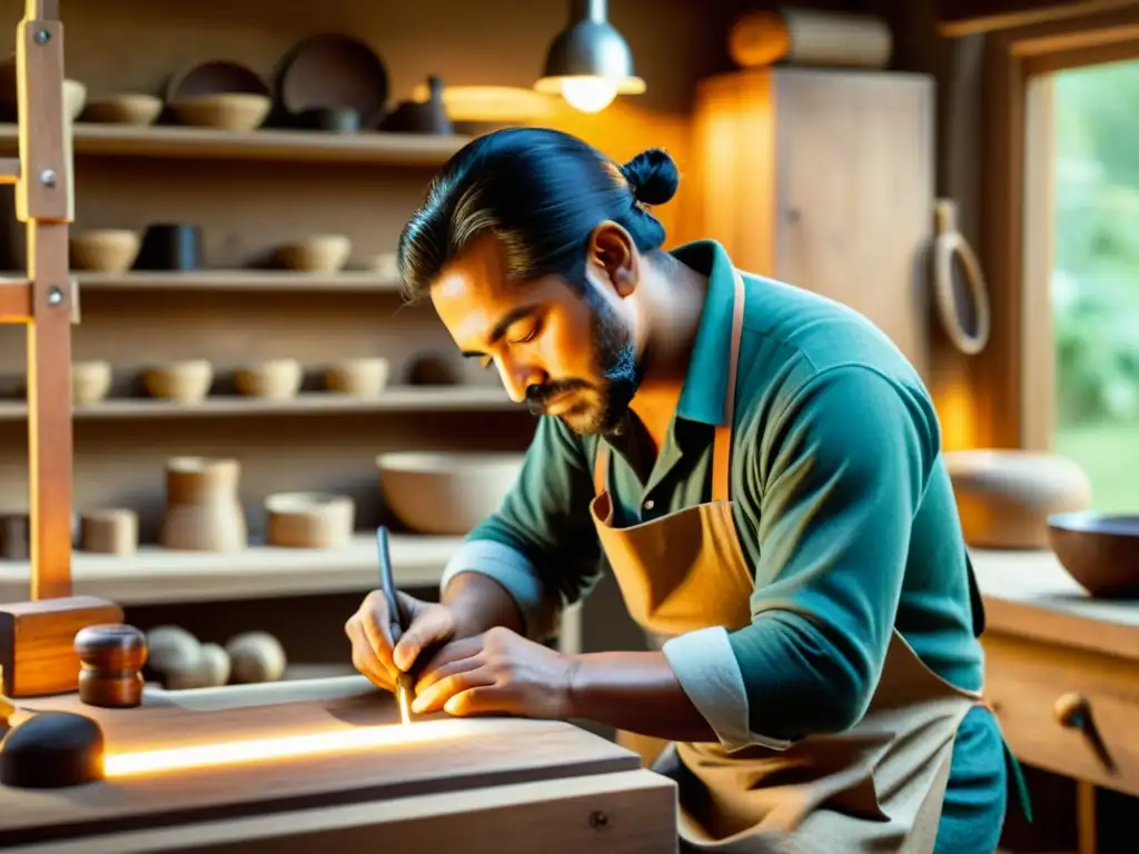 Un artesano experto en una atmósfera nostálgica, creando artesanía tradicional en la era digital