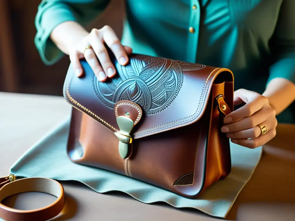 Artesano experto crea diseños de cuero con maestría y tecnología Un artesano experto trabaja en un bolso de cuero, fusionando la tradición con la transformación digital en marroquinería artesanal