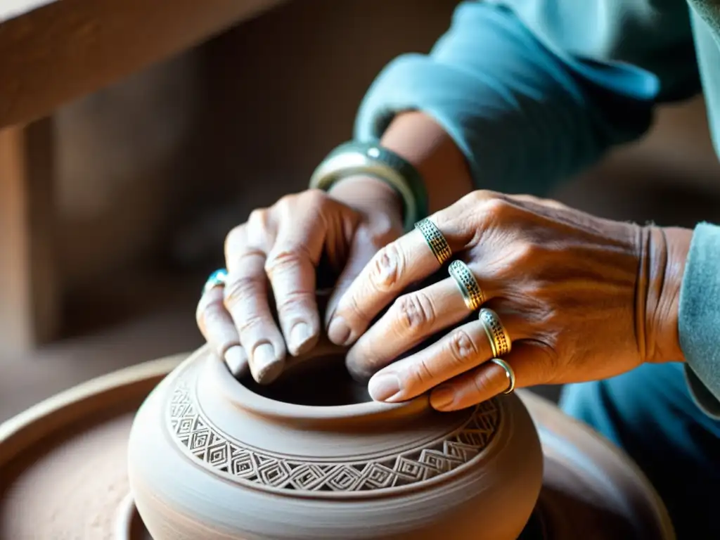 Un artesano experto en cerámica trabaja con dedicación en su taller, mostrando su herencia cultural