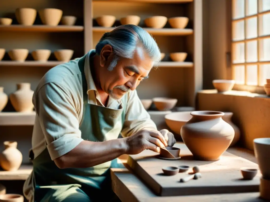 Un artesano experto moldea delicadamente cerámica en un taller tradicional, rodeado de herramientas y materiales