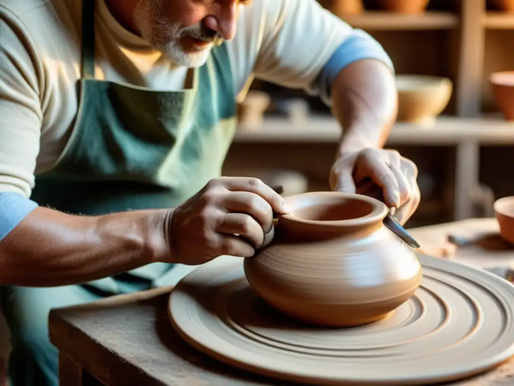 Un artesano experto modelando cerámica en un taller cálido, rodeado de herramientas y materiales vintage