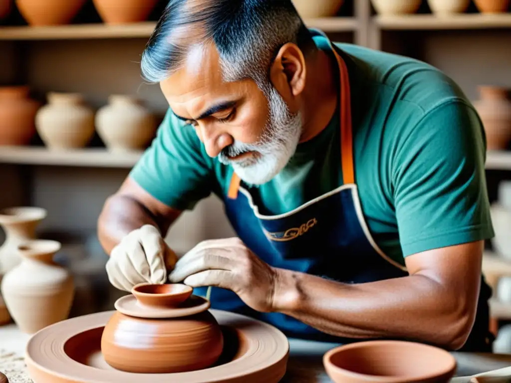 Un artesano experto crea cerámica tradicional con técnicas avanzadas, rodeado de herramientas vintage y modernas