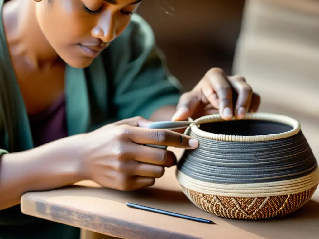 Un artesano experto crea una cesta tejida tradicional mientras usa un dispositivo digital