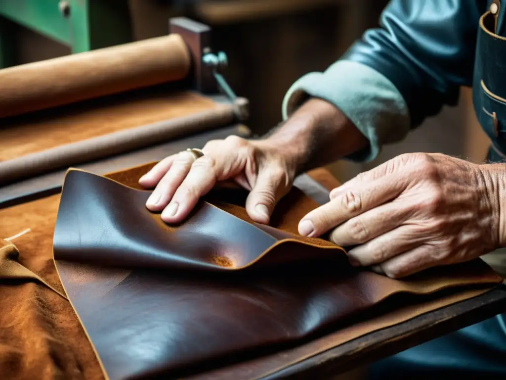 Un artesano experto trabaja el cuero con precisión, resaltando las técnicas de curtido de cuero artesanal, evocando nostalgia y herencia