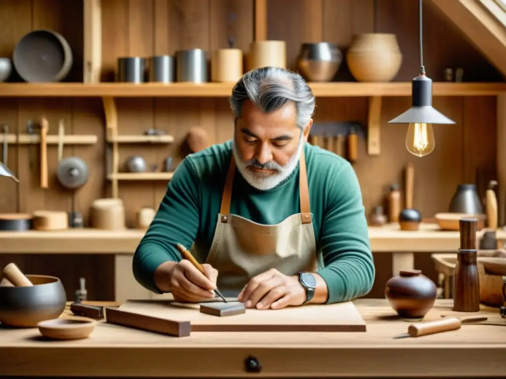 Un artesano experto crea con cuidado una artesanía digital y diseño sustentable en un taller cálido y acogedor, combinando lo antiguo y lo moderno