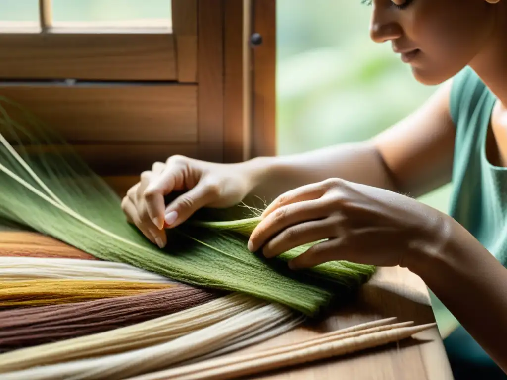 Un artesano experto teje con cuidado una hermosa obra de arte sostenible, utilizando materiales naturales, en una imagen de alta resolución