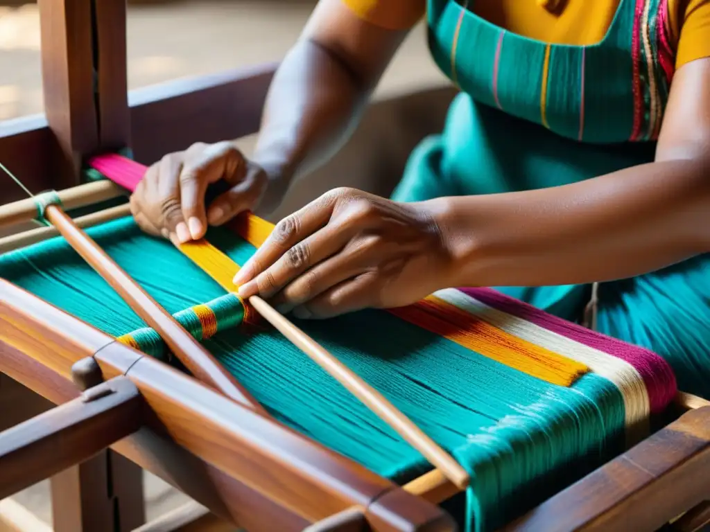 Un artesano experto teje con cuidado hilos vibrantes en un telar de madera, creando un hermoso textil