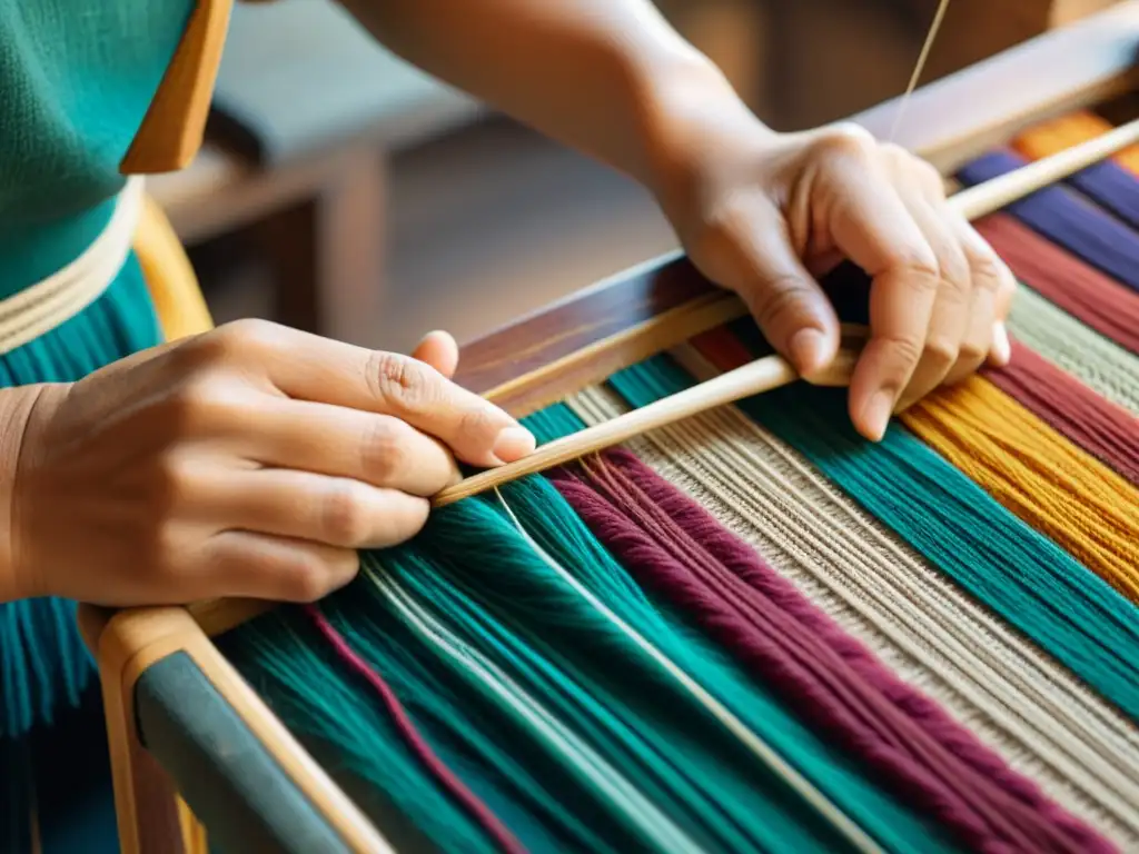 Un artesano experto teje con cuidado hilos coloridos en un patrón tradicional