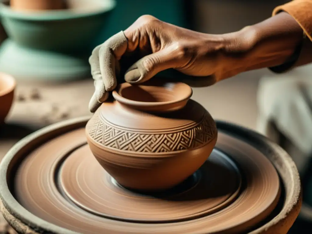 Un artesano experto moldea con cuidado una pieza de cerámica, con tonos cálidos y detalles precisos que evocan la artesanía tradicional