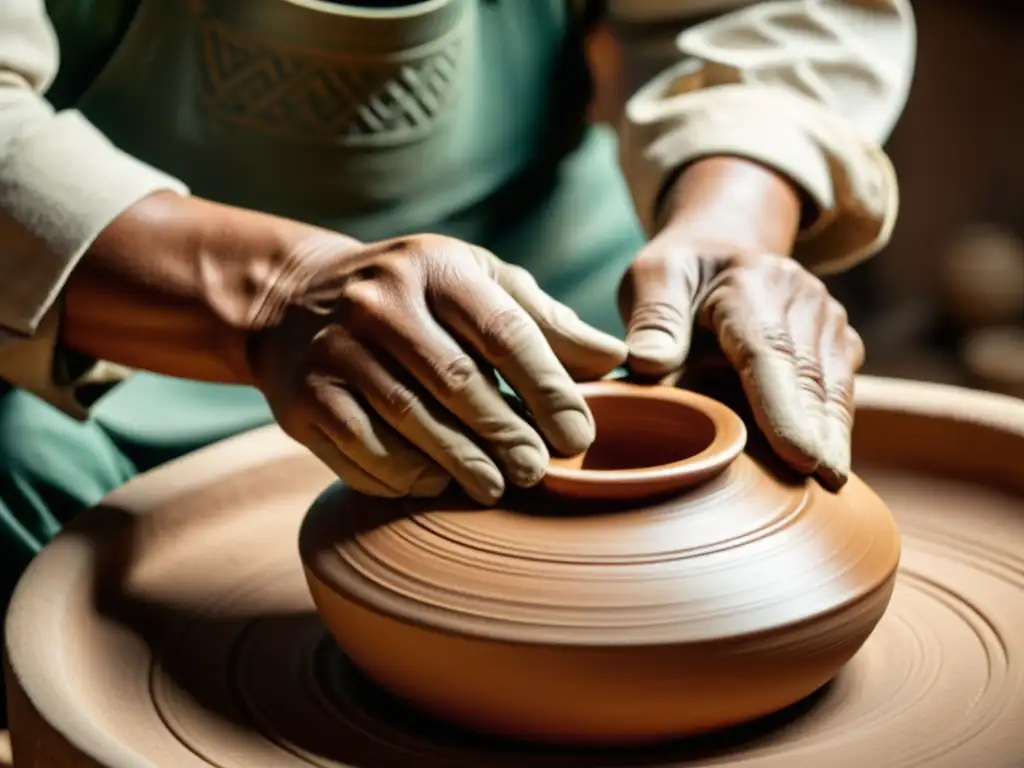 Un artesano experto moldea con cuidado una pieza de cerámica tradicional, mostrando la dedicación y la autenticidad de la artesanía