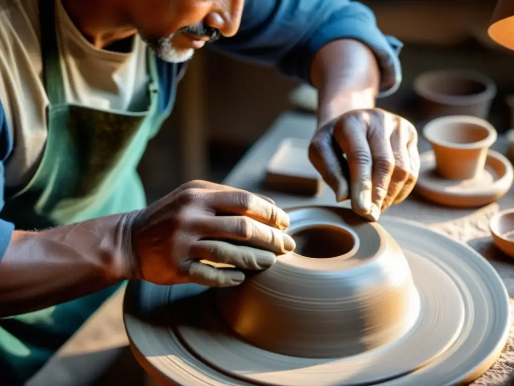 Un artesano experto moldea con cuidado una pieza de cerámica, mostrando la artesanía tradicional en la era digital con destreza y detalle