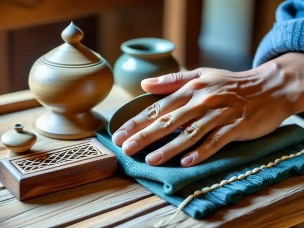 Un artesano experto dispone con cuidado productos artesanales en una mesa de madera