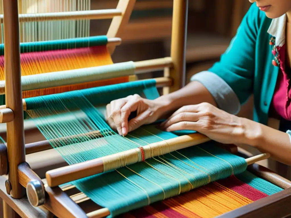 Un artesano experto teje con cuidado en un telar tradicional, resaltando la belleza y la artesanía