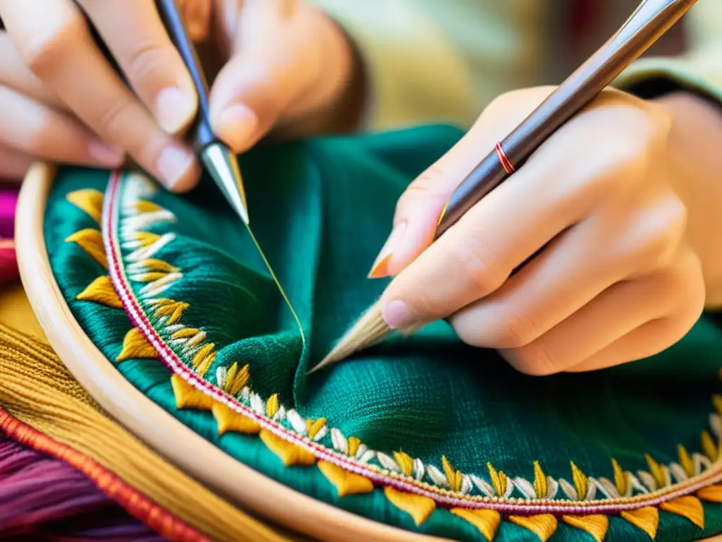 Un artesano experto bordando con cuidado un textil tradicional con hilos coloridos