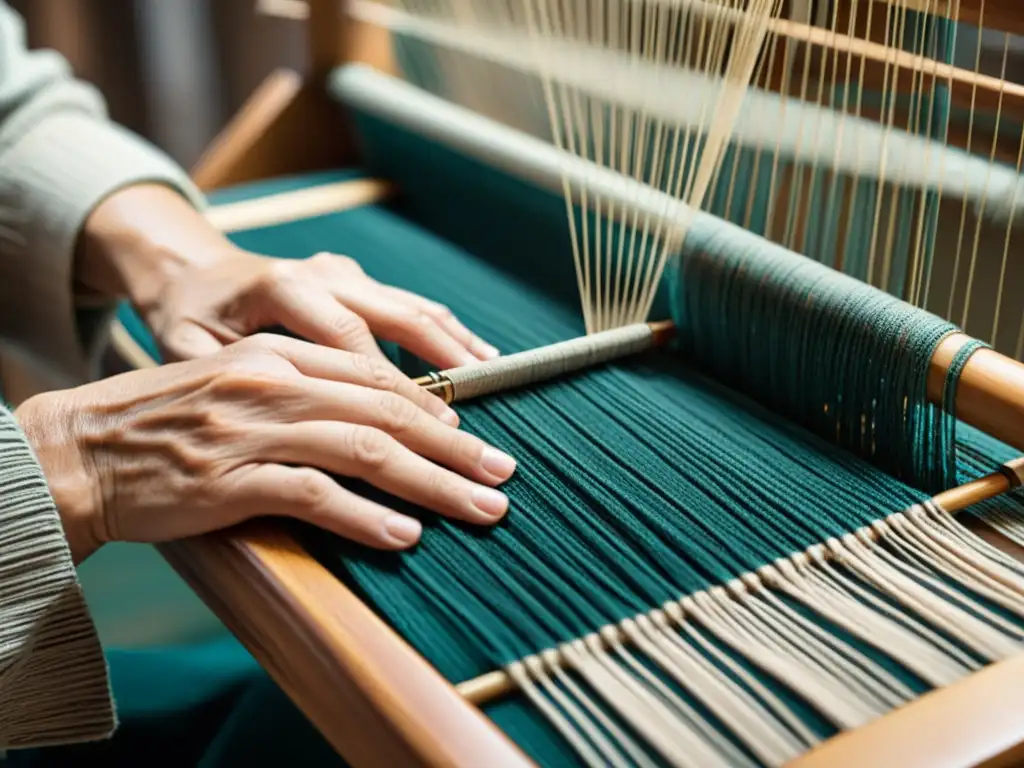 Un artesano experto teje con cuidado textiles tradicionales usando materiales inteligentes, fusionando la artesanía tradicional con la innovación