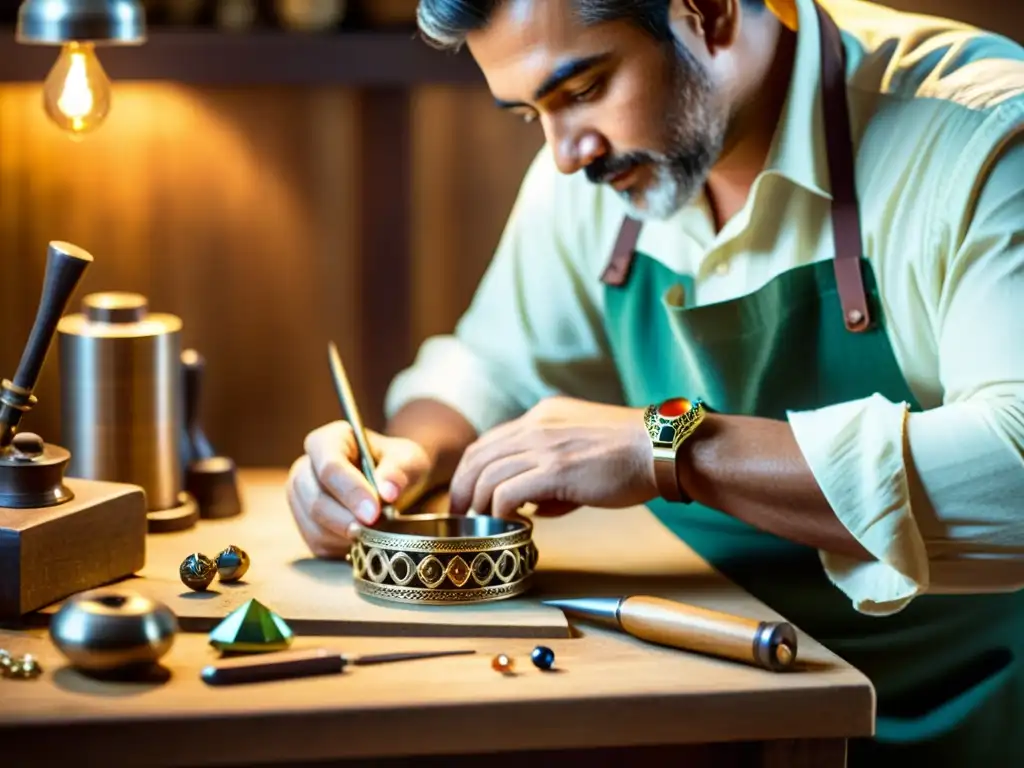 Un artesano experto crea con cuidado joyería vintage, con iluminación cálida y herramientas tradicionales