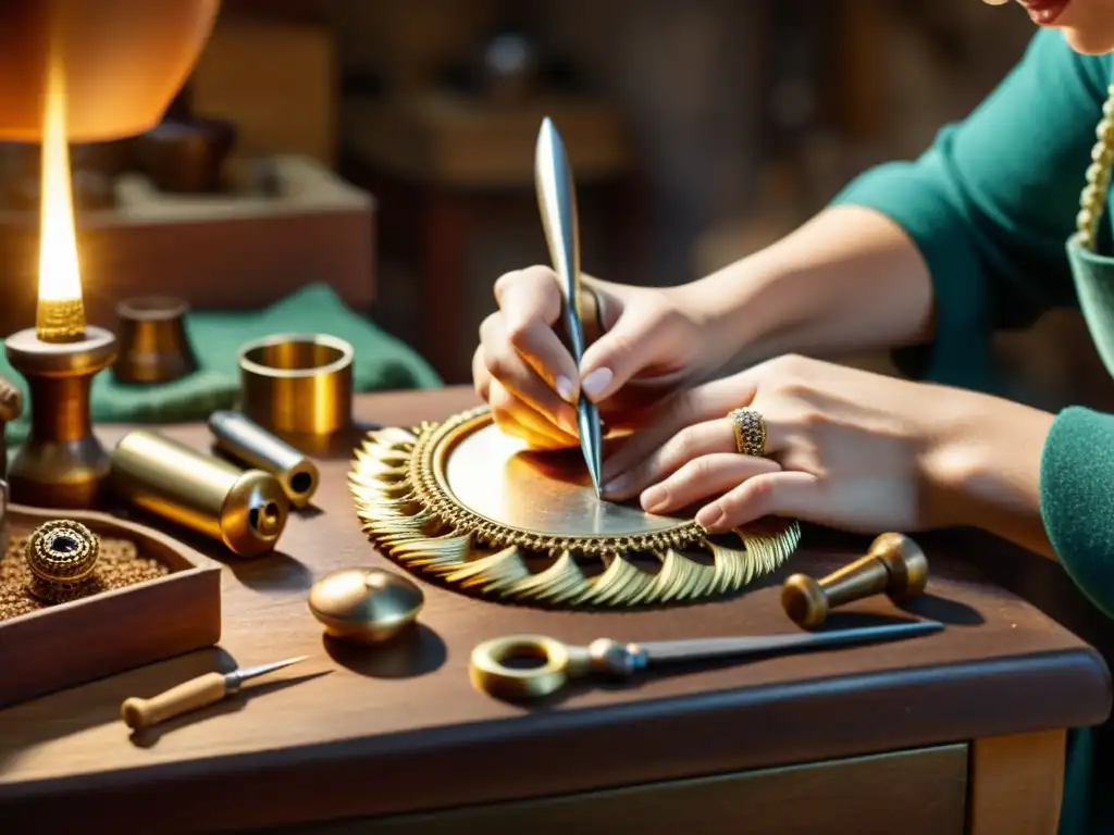 Artesano experto creando joyería única a mano Un artesano experto crea con dedicación una joya única mientras las luces cálidas resaltan el ambiente nostálgico