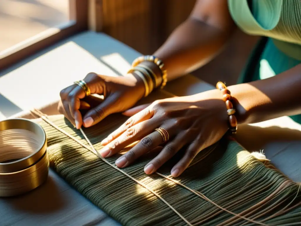 Un artesano experto teje con delicadeza fibras naturales, iluminado por una cálida luz