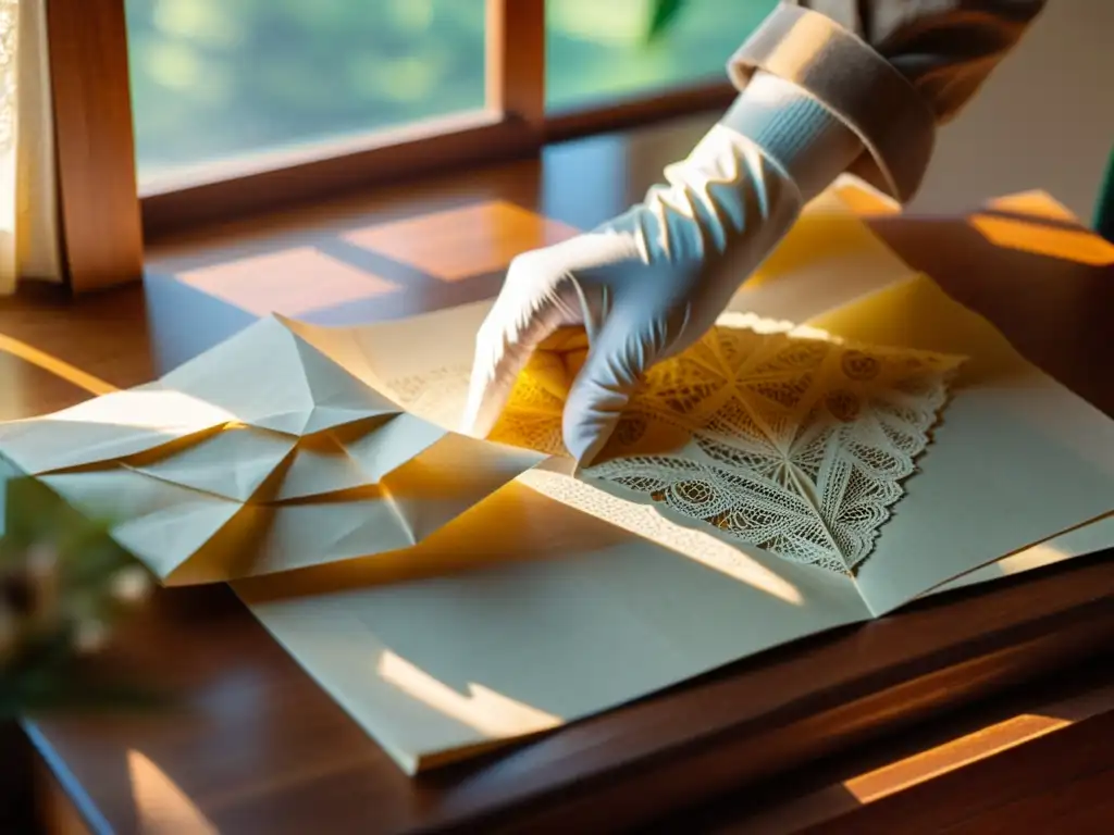 Un artesano experto dobla con delicadeza un papel en un diseño de origami, con luz cálida resaltando los pliegues