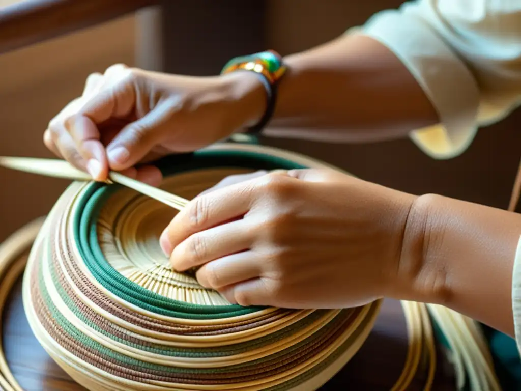 Un artesano experto entrelaza con destreza cañas vibrantes para crear una cesta tradicional, destacando la artesanía tradicional en la era digital