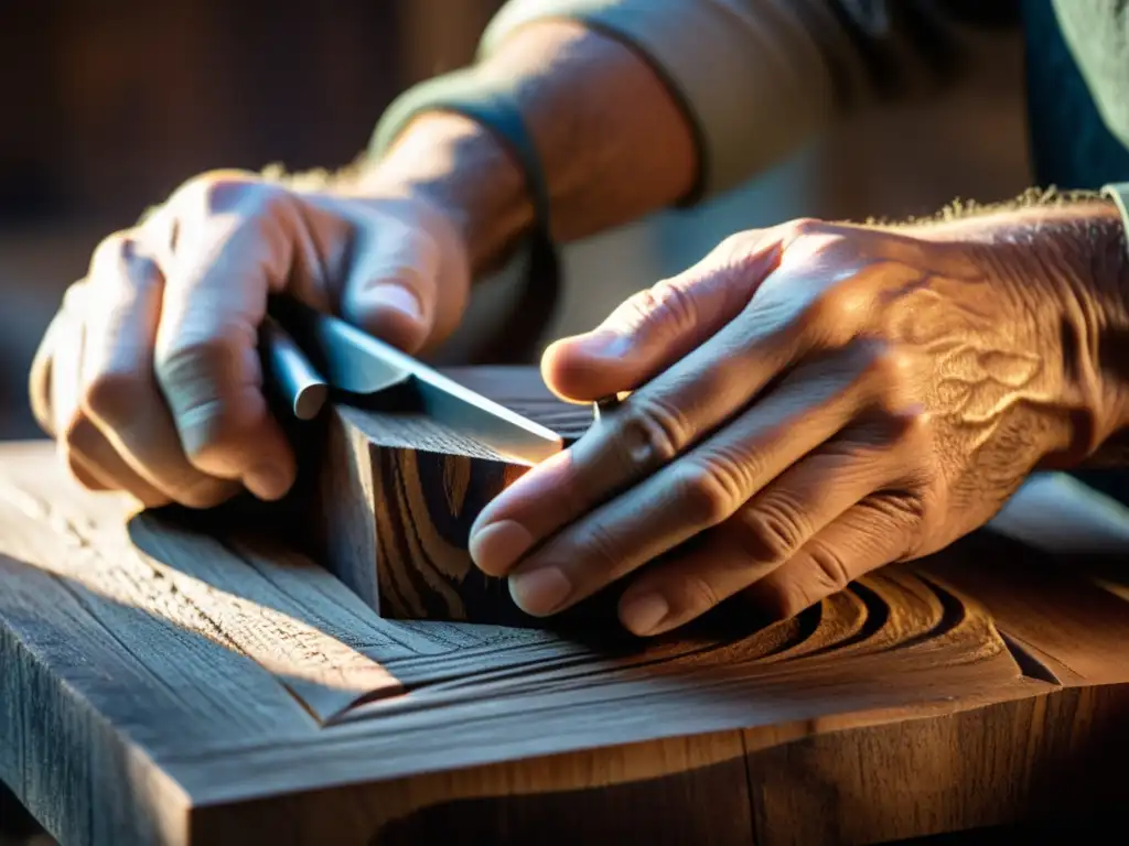 Un artesano experto tallando con destreza detalles intrincados en madera envejecida, bañado en cálida luz dorada