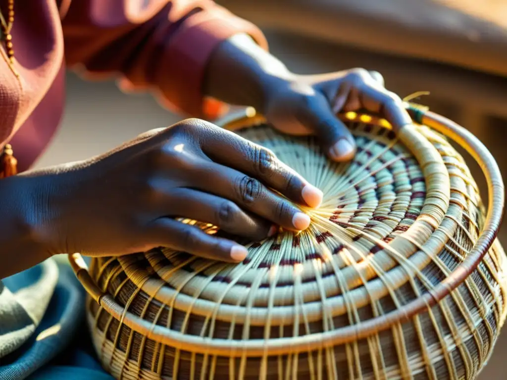 Artesano tejiendo cestas de fibras naturales: tradición y destreza Un artesano experto teje con destreza fibras naturales, resaltando la innovación en cestería tradicional