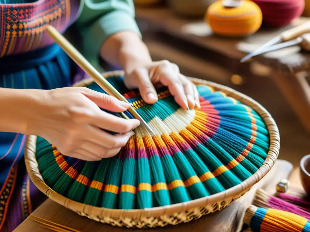 Un artesano experto teje con destreza fibras digitales en un patrón de cestería tradicional en un taller cálido