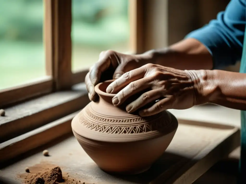 Un artesano experto modela con destreza una pieza de cerámica tradicional, con luz natural realzando los detalles