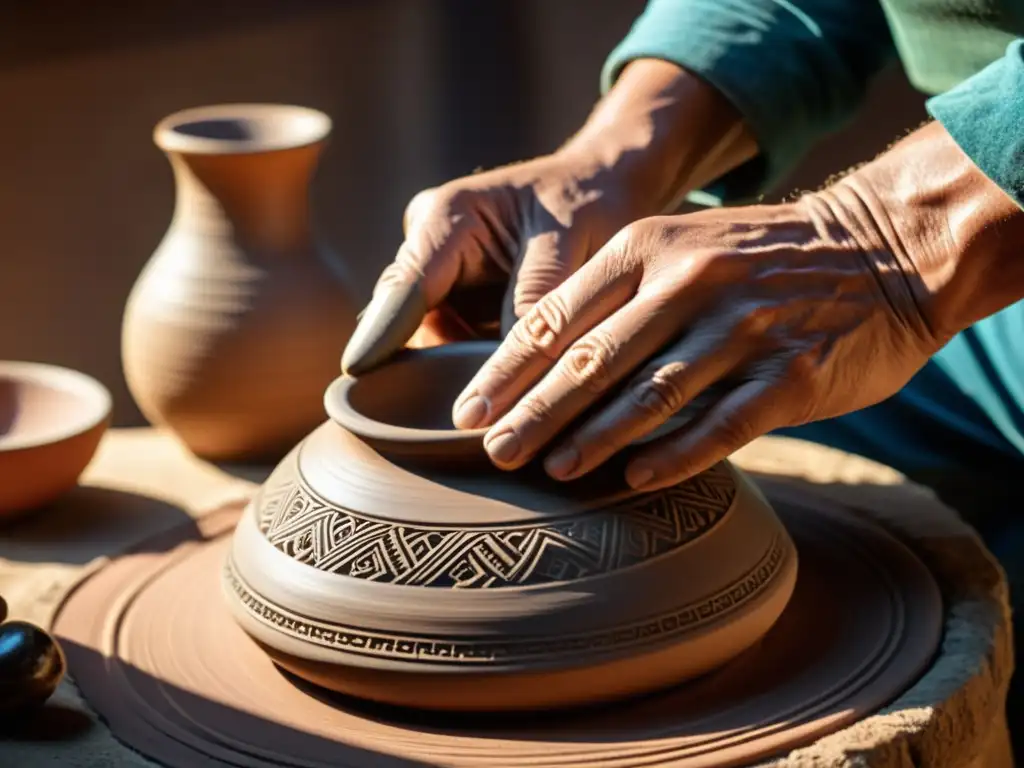 Un artesano experto moldea con destreza una pieza de cerámica tradicional, fusionando la artesanía tradicional con la era digital