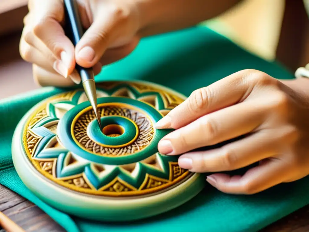 Un artesano experto aplicando detalles a una artesanía tradicional, evocando la belleza atemporal de la cultura y el arte