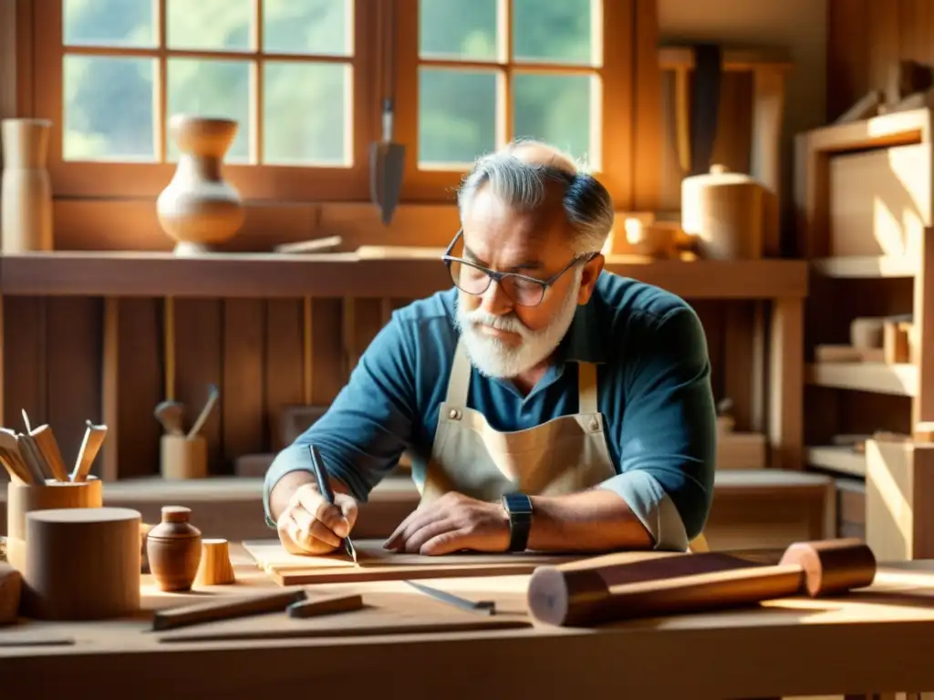 Un artesano experto en carpintería trabaja con diseño digital en su taller, fusionando tradición y tecnología