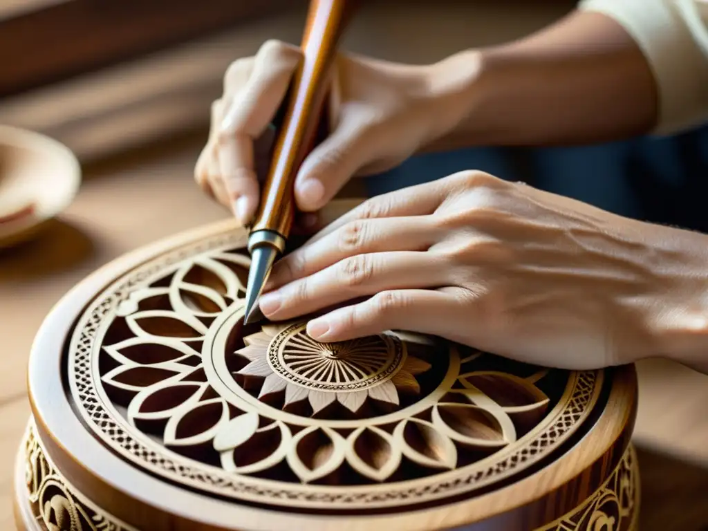 Un artesano experto tallando diseños detallados en un instrumento musical de madera con un cálido y nostálgico ambiente vintage