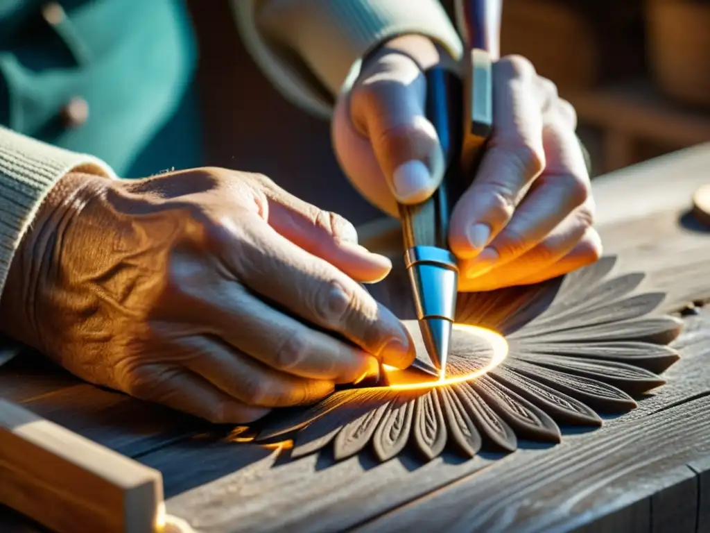 Un artesano experto talla diseños intrincados en madera envejecida, bajo la cálida luz de bombillas vintage