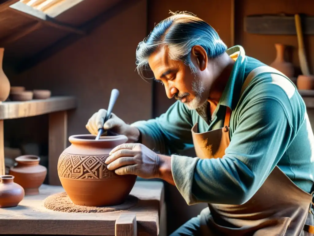 Un artesano experto tallando diseños en una vasija de barro en un taller acogedor, capturando la esencia de la artesanía tradicional en la era digital